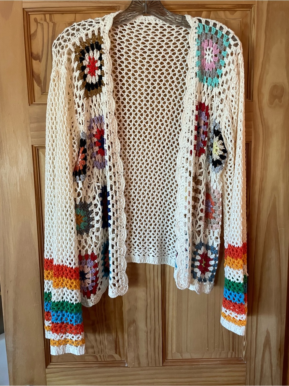 Cream Open-Weave Crochet Cardigan with Multicolor Granny-Square Accents